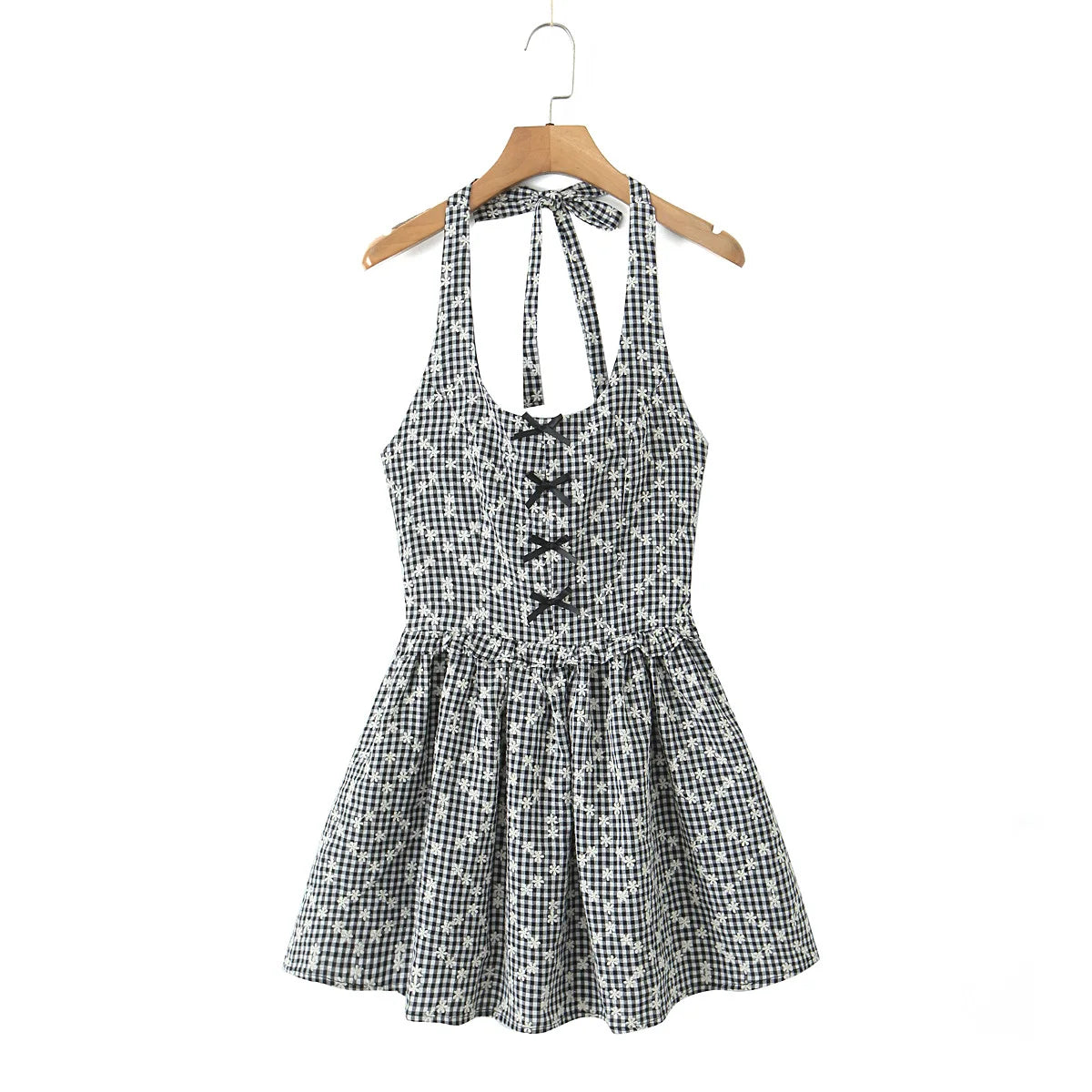 Lunivop  Backless Party Robe midi long dresses Tartan Print Halter Mini Dress Sexy Embroidery Plaid Bow