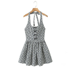 Lunivop  Backless Party Robe midi long dresses Tartan Print Halter Mini Dress Sexy Embroidery Plaid Bow