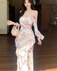 Lunivop  Women Dresses Sleeveless Slash Neck Gradient Floral Printed Mesh Patchwork Slim Vintage Elegant Party Dress Ladies