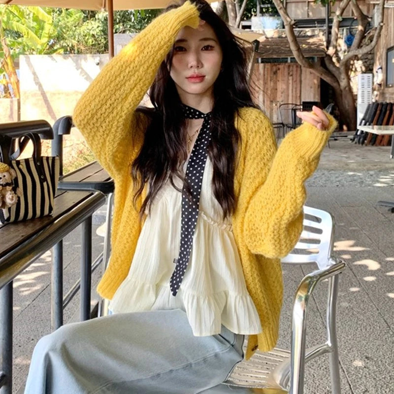 Lunivop Open Knit Cardigan for Women Long Sleeve V-neck Button Up Sweater Jacket Autumn Winter Ladies Slouchy Casual Outfit