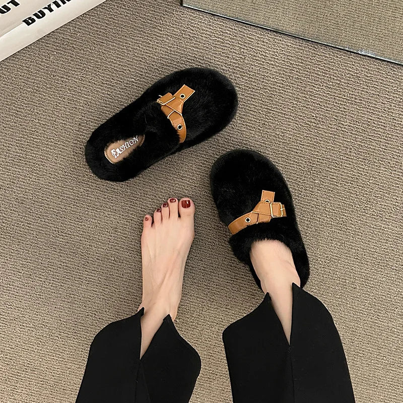 Lunivop Slippers Casual Flock  Platform Shoes New Fur Flip Flops Cover Toe Slipers Women Slides Luxury Plush Flat Rubber Slippers