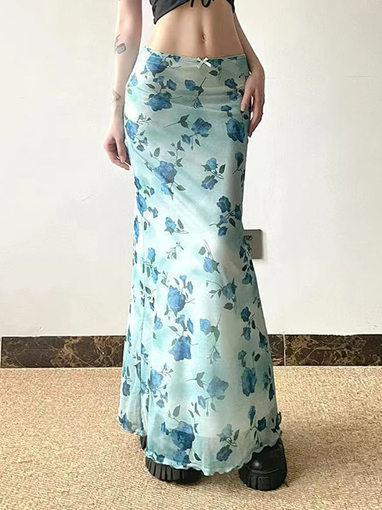 Lunivop  Vintage Mesh Floral Long Skirt Women Elegant Low Waist Slim Sexy Skirts Retro American Streetwear Casual Elastic Long Skirt