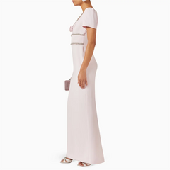 Lunivop  Pale Pink Evening Dress Square Neck Crystal Flower Jersey Evening Gowns Short Sleeves Straight Slit Prom Dress