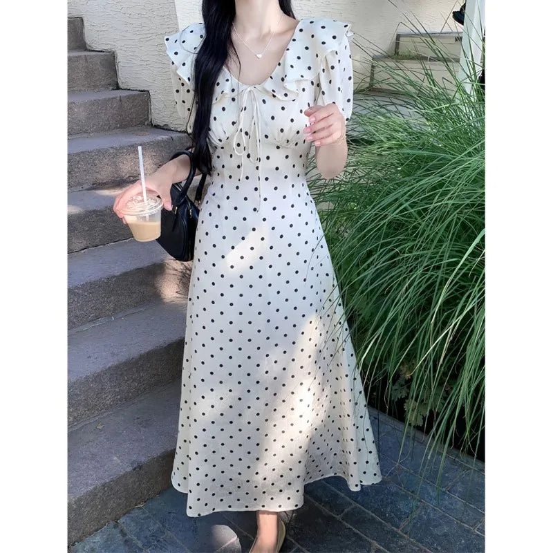 Lunivop  Woman Dress Polka Dot Puff Short Sleeve Ruffles Bandage V Neck Temperament Sweet Dresses Elegant Female Fashion