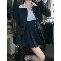 Lunivop  Autumn Korean Two Piece Sets Fashion Sweet Casual White Pleated Shirt Women+ Y2k High Waist Skirts Subcultural