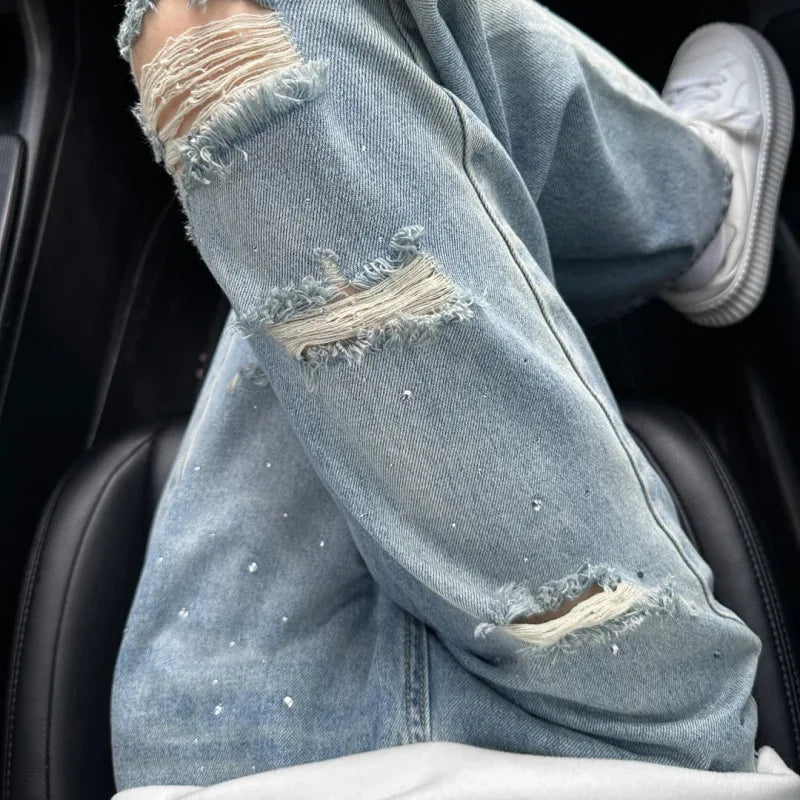 Lunivop  American Design Heavy Rhinestone Distressed Jeans for Women Fall Winter Unique Loose Fit Wide Leg Long Trousers New Arrival