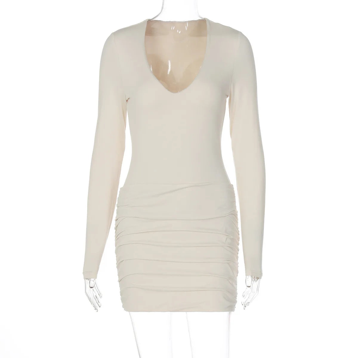 Lunivop  Basic Ruched Bodycon Mini Dress Women Solid Sexy V Neck Long Sleeve Peach Hips Slim Party Clubwear Autumn Casual Streetwear