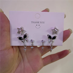 Lunivop 6PCS Goth Harajuku Vintage Aesthetic Black Butterfly Crystal Star Earrings Set For Women Party Y2K 90s EMO Jewelry Accessories