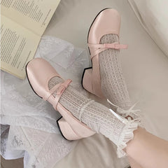 Lunivop Women Chunky Heel Shoes New Fashion Bowknot Strap Mid Heels Women Mary Jane Shoes Dress Shallow Mouth Ladies Ballet Shoes