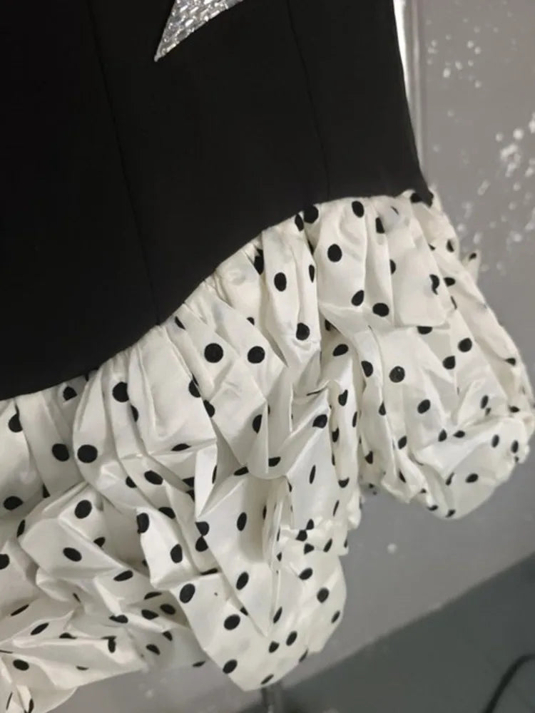 Lunivop 2025 New Black And White Women Dress Sparkling Bow Embellishments Polka Dot Puffy Skirt Cute Stylish Dresses Female