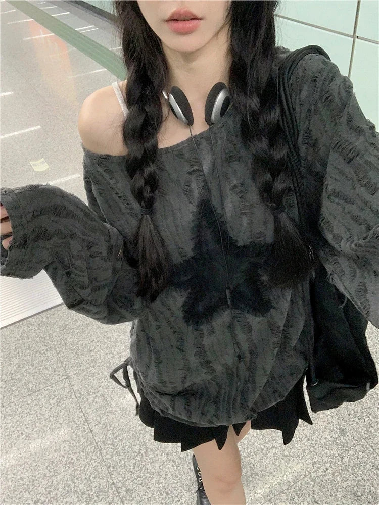 Lunivop Streetwear Drawstring Pleated Loose Long-sleeved T-shirt Women Autumn New O-Neck Star Stitching Distressed Casual Tops