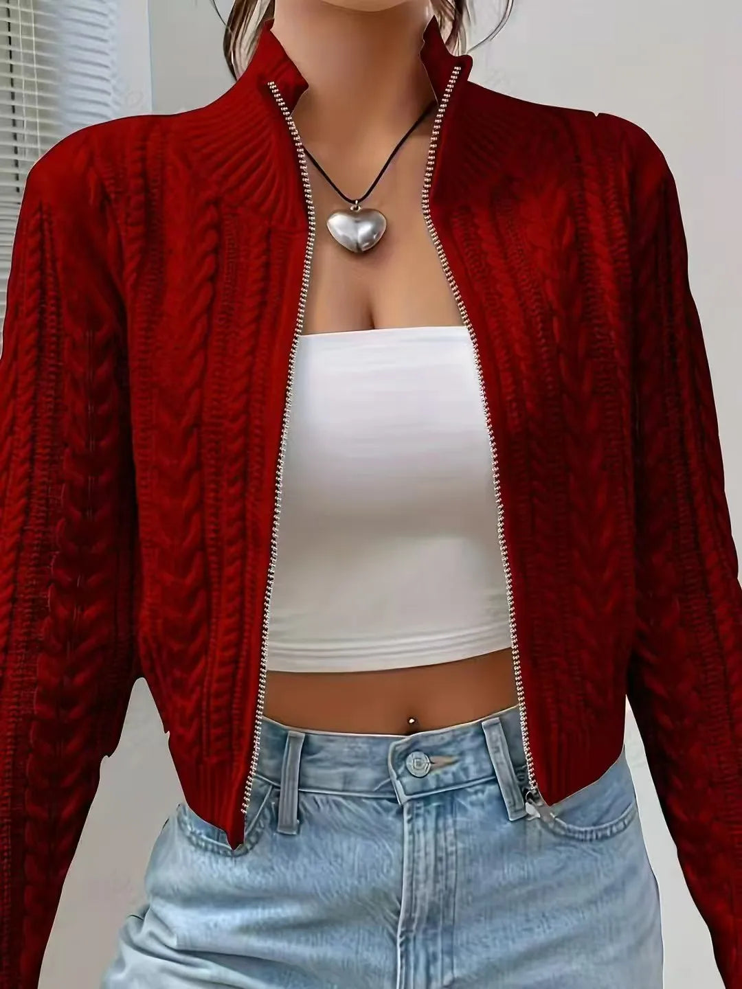 Lunivop Zip Up Crop Cardigan for Women Boxy-fit Zipper Front Cable Knit Sweater Jacket Autumn Winter Teen-girl Y2K Outfit