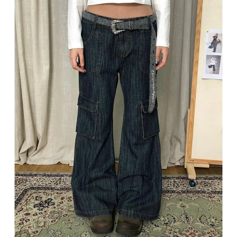 Lunivop  Y2k American Retro Cargo Long Pants Women's High Waist Straight-Leg Jeans Gothic Hip-hop Baggy Wide-leg Pants Vintage Streetwear
