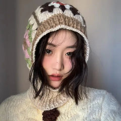 Lunivop Knitted Hooded Caps Winter Balaclava Hats Women Korean Style Outdoor Warmer Drawstring Hats One-piece Neck Collar Beanies Cap