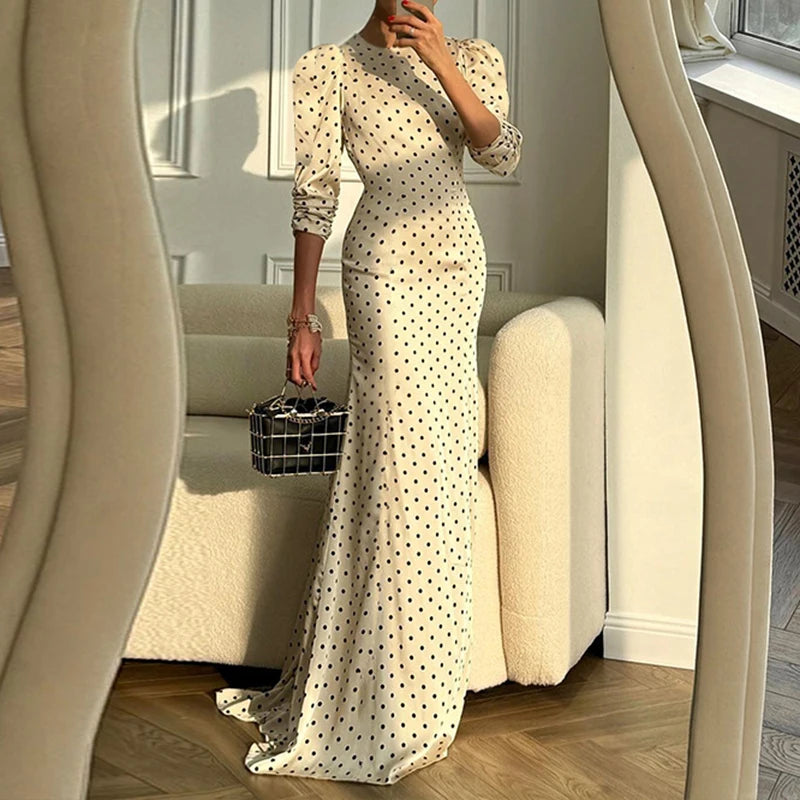 Lunivop  Polka Dot Print Elegant Open Back Hollowed Out Half Sleeve Crew Neck Bodycon Fashion Vintage Long Dress Party Evening Gowns