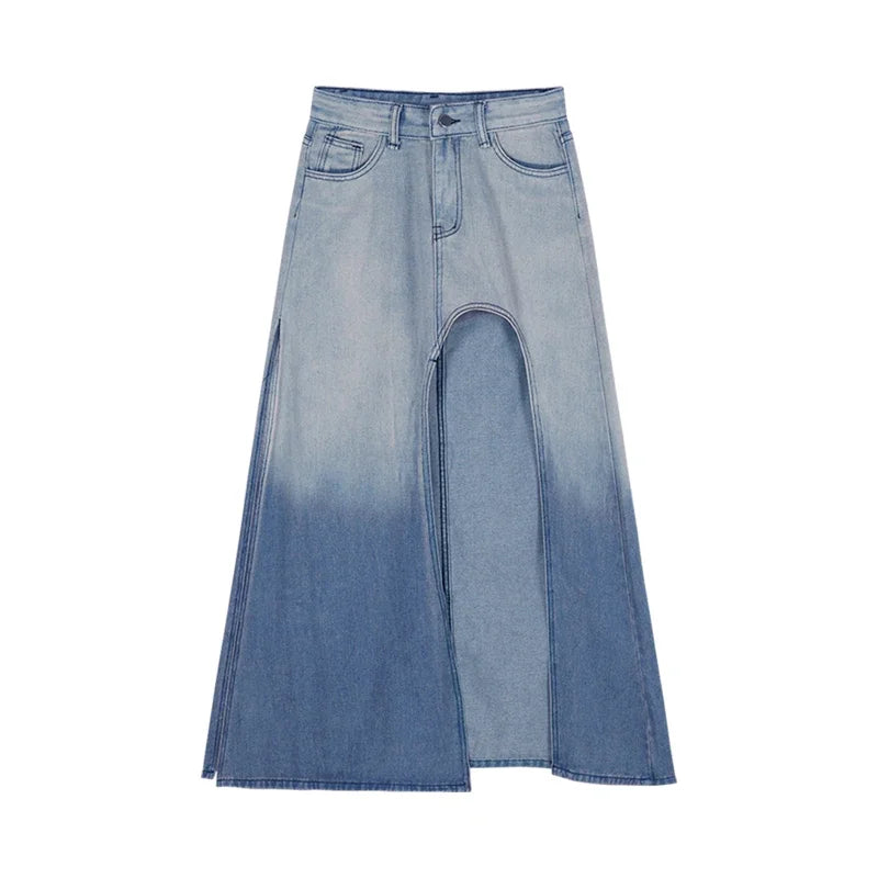 Lunivop High Street Sexy Split Loose Casual A-line Skirt Women Summer New Korean Distressed Washed Denim Mid-length Skirt