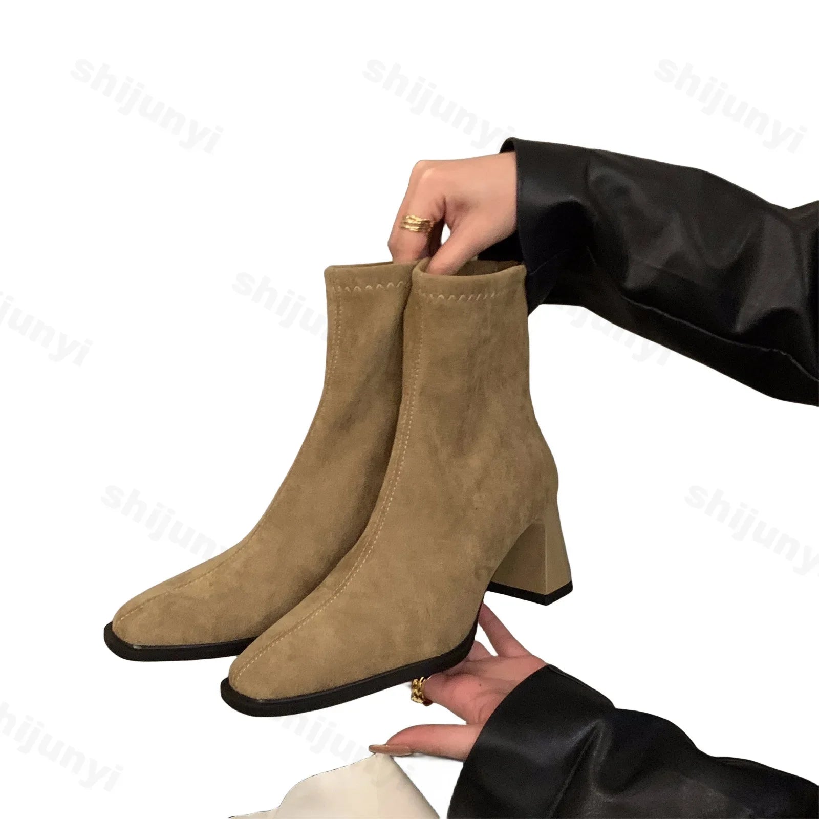 Lunivop Vintage Women Ankle Boots Fashion Square Toe Thick High Shoes Autumn Winter New Ladies Elegant Stretch Slim Short Booties