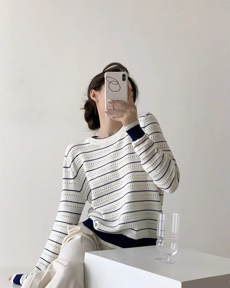 Lunivop Vintage Elegant Striped Sweaters Women Loose O Neck Hollow Out Knitted Pullover French Retro Long Sleeve Casual Jumper Tops