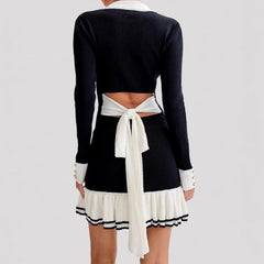 Lunivop Elegant Black Knitted Mini Dresses Women Sweet V-neck Long Sleeve Party Dresses Sexy Bow Retro Ruffle Knitwear Dresses