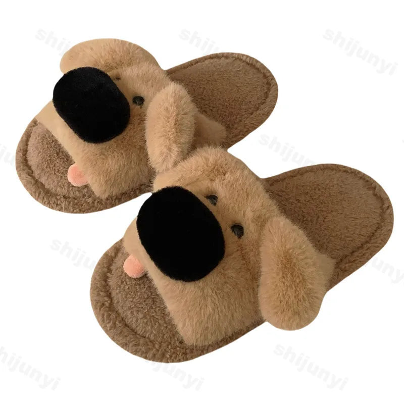 Lunivop Women New Cute Puppy Slippers Ladies Soft Casual Design Comfortable Fur Fabric Flats Winter Female Linen Men Home Slippers