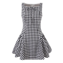 Lunivop  Sexy Red Gingham Plaid Mini Sleeveless Dress Women Bow O Neck Zipper Back Low Waist Ruched Hem Swing Tank Dresses Vestidos Black
