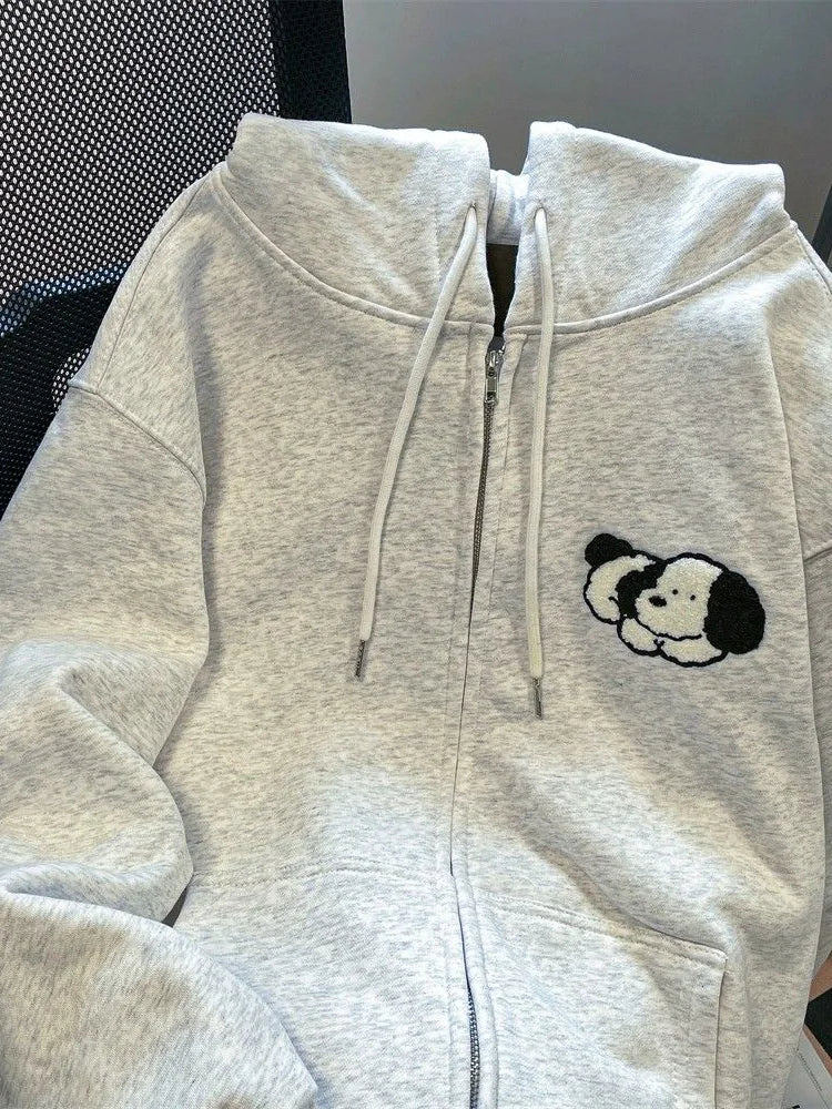 Lunivop Cute Dog Cartoon Gray Hoodies Women Loose Long Sleeve Kawaii Sweatshirts Casual Vintage Preppy Style Fall Female Pockets Tops