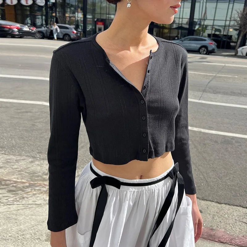 Lunivop Solid Lace Long Sleeve Button High Waist Crop Top Tank T Shirt Autumn Winter Y2K Casual Trip Women Clothing