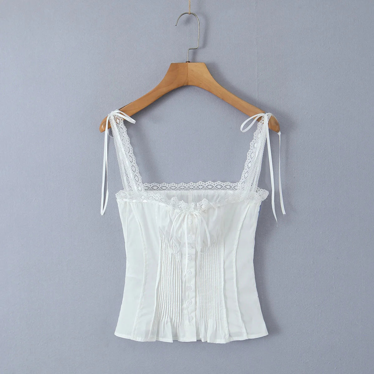 Lunivop  White Spliced Lace Slash Collar Ribbon Bow Strap Summer Corset Women Summer Tank Tops Pleated Slim Through Buttons Crop Top