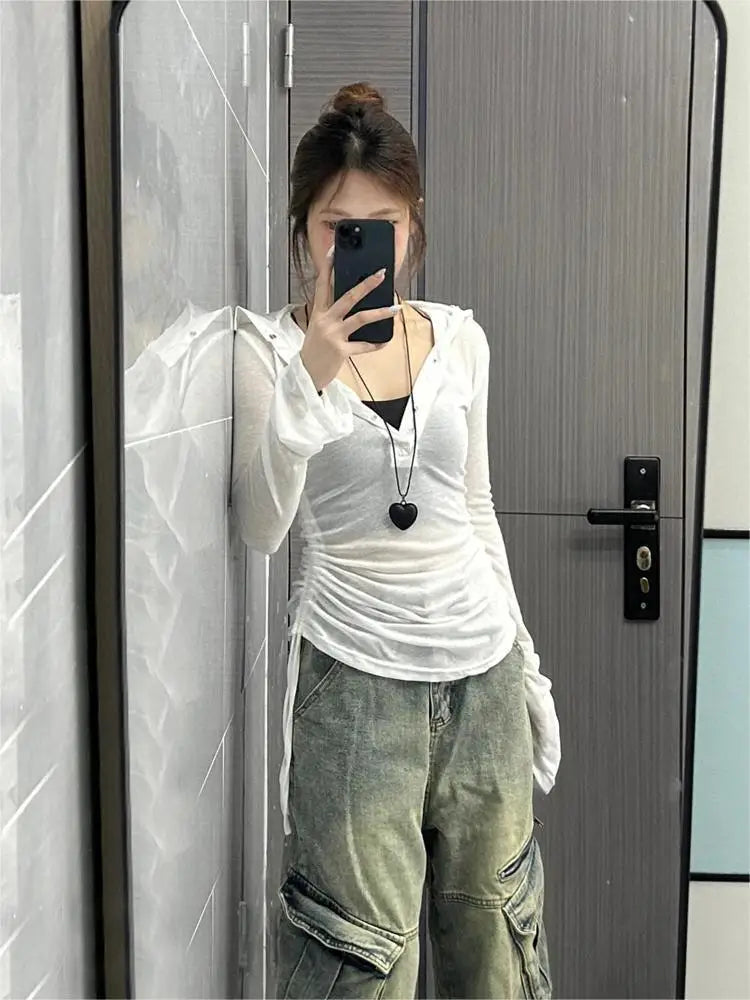 Lunivop  See Through Thin Long Sleeve Tops Mujer 2025 Summer New Slim Fit T-shirt for Women Ruched Drawstring Hoodie Tee Shirt