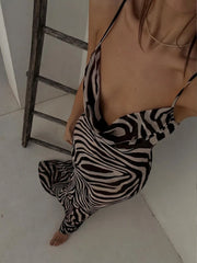 Lunivop Chiffon Zebra Print Beach Dress Women Sexy See Through Sim Long Party Dresses Summer Spaghetti Strap Backless Holiday Dress