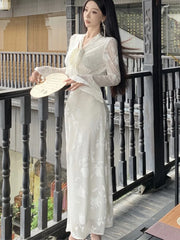 Lunivop  Elegant Flare Sleeve Long Dresses for Women New Autumn V-Neck Slim Wedding Runway Party Lace Vestidos Vintage Clothing Long Robe