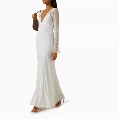 Lunivop  Elegant White Evening Dress V-Neck Long Sleeves Evening Gowns Lace Mermaid Ankle Length Formal Prom Dresses