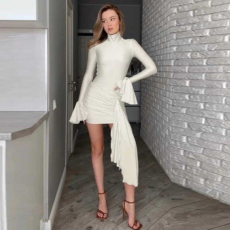 Lunivop Stand Collar Long Flare Sleeve Bandage Ruched Bodycon Women'S Dresses Korean Ladies Dress Y2K Streetwear  Casual Clothes