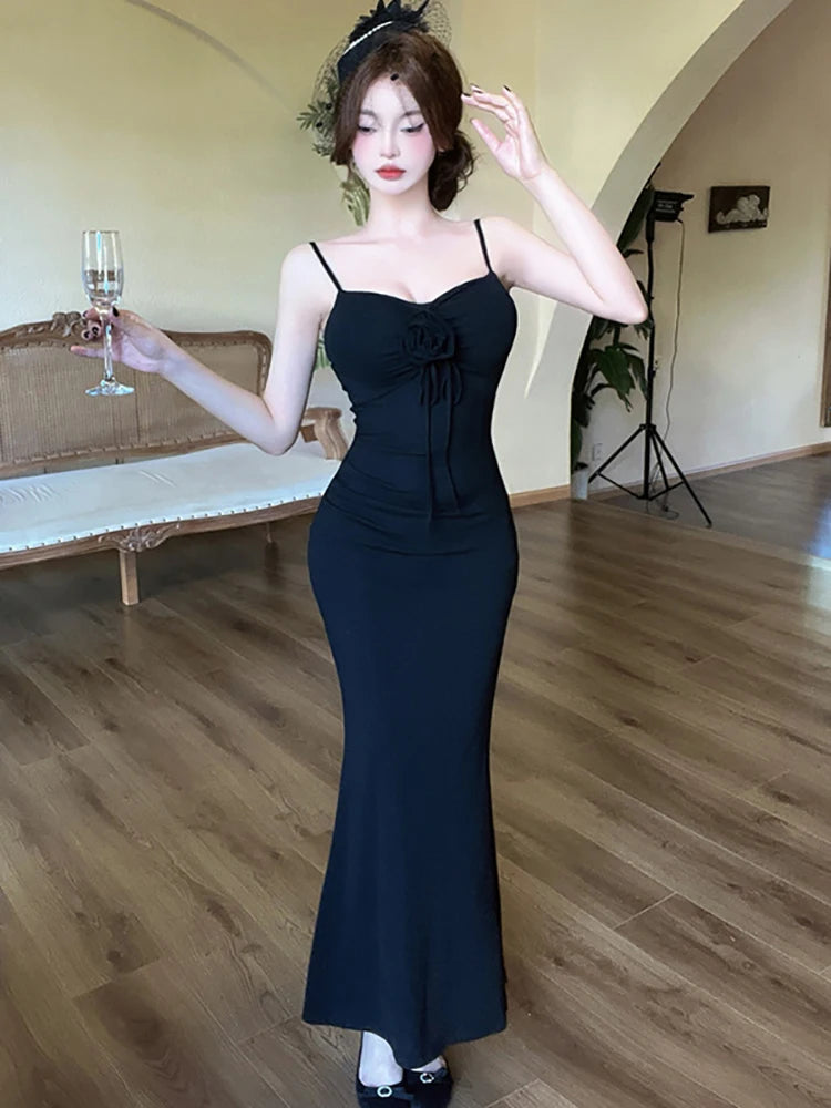 Lunivop  Women New Red Sexy Bow Flower Sling Long Dress Summer Elegant Ruffled Luxury Dress 2025 Korean Vintage Bodycon Dance Party Dress