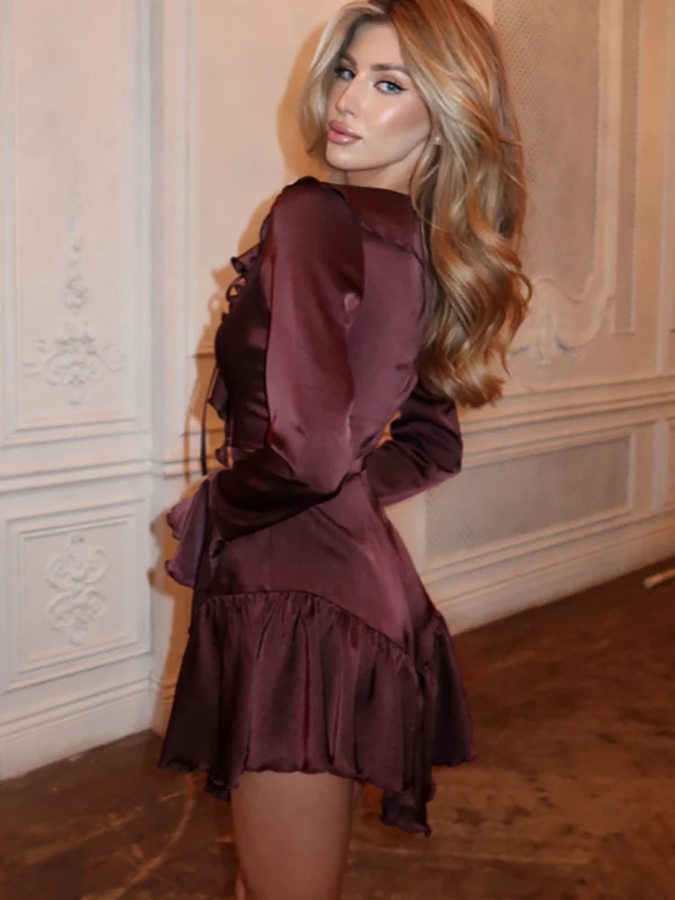 Lunivop Satin Deep V-neck Ruffle Women Mini Dress White Flare Sleeve Lace Up Dress Female Spring New Elegant Party Clubwear 2024