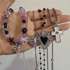 Lunivop Kpop Cute Aesthetic Heart Bow Cross Pendant Purple Bead Necklace Egirl Goth Vintage 2000s Y2K EMO Rave Jewelry Scene Accessories