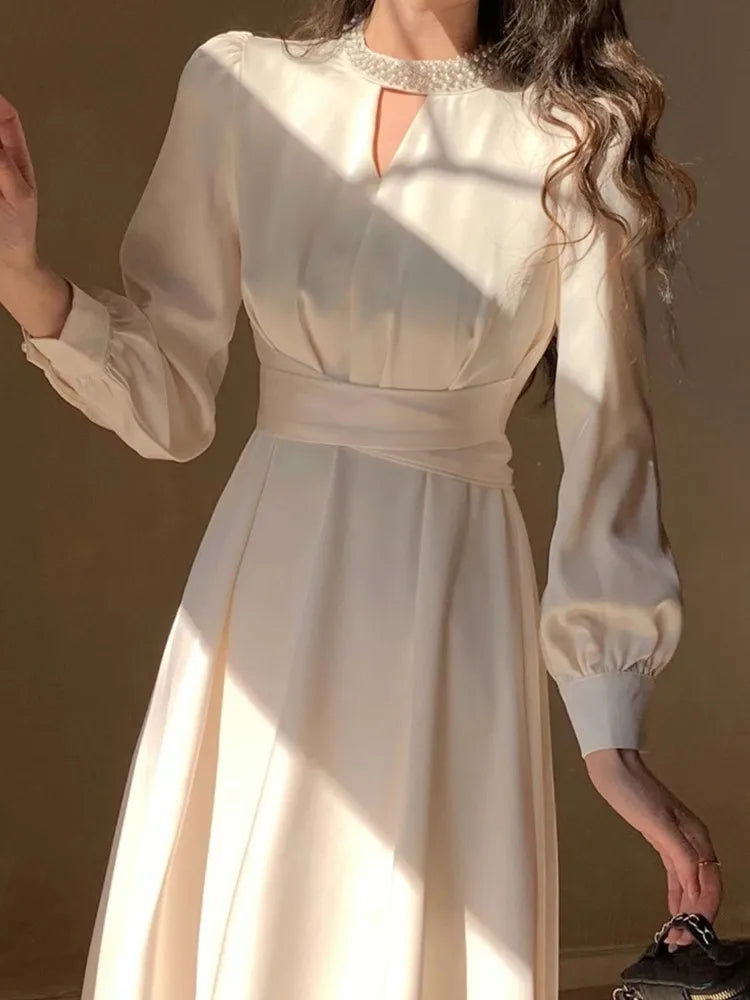 Lunivop Elegant French Satin Vintage Midi Dress Spring New Office Lady Lace-up Long Sleeves Slim Wasit Korean Chic Vestidos Basics
