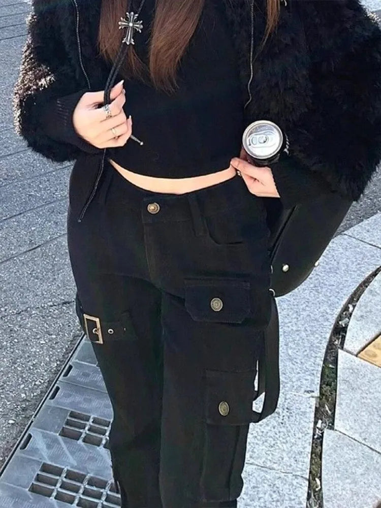 Lunivop  Street Vintage Black Bell Bottom Jeans for Women 2025 Spring New Denim Pants Y2k High Waist Multiple Pockets Trousers