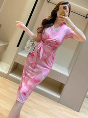 Lunivop  Korean Fashion Bodycon Bow Bandage Long Dress Summer Pink Print Mesh Casual Dress Women Elegant Chic Festival Party Dresses