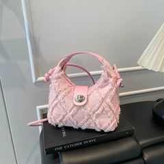 Lunivop  Solid Color Quilting Tote Bag Women Denim Large Capacity Lock Shoulder Bag Ladies Harajuku Short Tassel Hand Carry Crossbody Bag