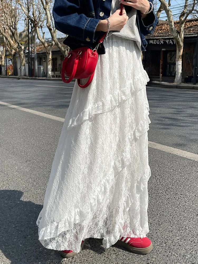 Lunivop  White Lace Mesh Long Skirt Women Sweet Preppy Style Elegant High Waist Skirt Vintage Casual Patchwork Loose Cute Long Skirt