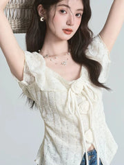 Lunivop  3D Floral Ruffles Sweet T Shirt Women Slim Sexy Cropped Short Sleeve Chic Tees Tops Korean Fashion Elegant Female T Shirts