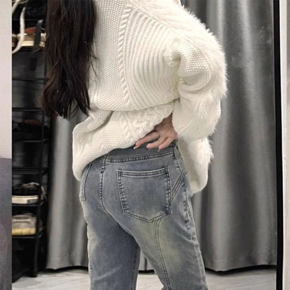 Lunivop Retro Light Blue Micro Flare Jeans Women Korean Vintage Streetwear Slim Fit Lady Elastic Hight Waist Thin Baggy Denim Pants