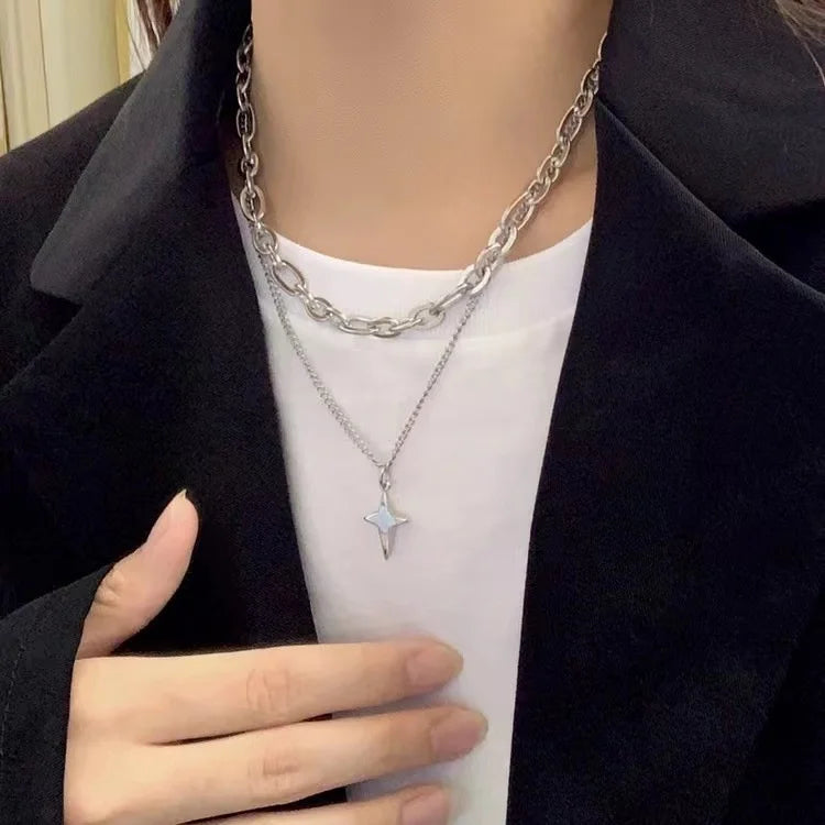 Lunivop New Design Double Layer Link Chain Cross Star Necklace for Women Man Teens Trendy Punk Hip hop Stainless Steel Choker