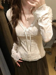 Lunivop  Autumn Lace Jacquard Fairy Grunge T-shirt Women Y2k Aesthetic Flare Sleeve Tshirts Harajuku Vintage Sexy Slim Fit Bow Tops
