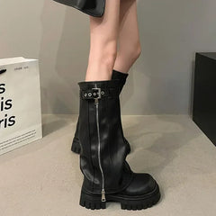 Lunivop  Winter Women Biker Boots Fashion Belt Buckle Ladies Elegant Platform Long Pipe Booties Casual Women's Knee High Booties