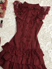 Lunivop  Vintage Classic Lolita Burgundy Lace Stand Collar Flutter Sleeve Short Dress Elegant Waist Fit Harajuku Summer Streetwear Outfit