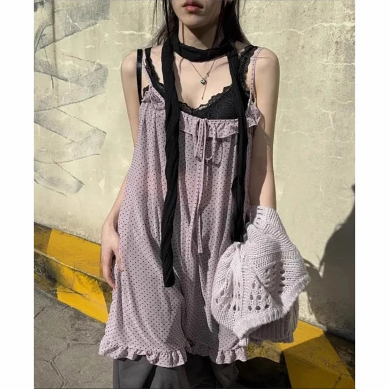 Lunivop Harajuku Japanese Style Tank Tops Women Vintage Polka Dot Ruffle Sleeveless Mesh Dress Sexy See-through Layered Wear