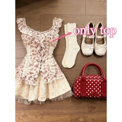 Lunivop  Japanese Y2k Vintage Sweet Vintage Summer U Neck Ruffled Edges Niche Floral Top Skirt Harajuku 2-piece Set