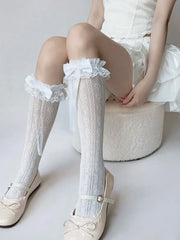 Lunivop  1 Pair Japanese Style Lolita Lace Trim Knee High Socks, Thin Leg Warmers For Women, Bowknot Lace Hollow Heart Leg Warmers, Elega